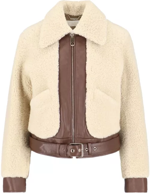 Chloé Beige And Brown Leather And Shearling Bomber Jacket
