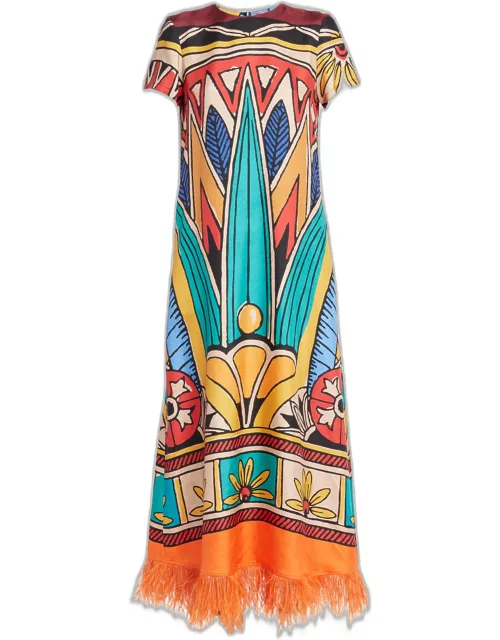 Printed Swing Dress with Feather Tri
