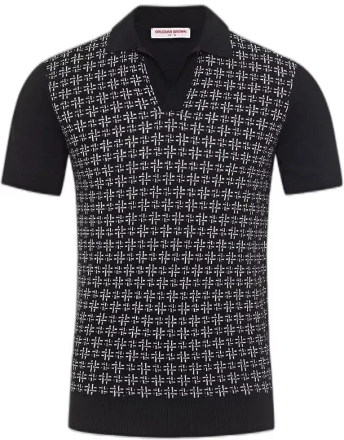 Horton - 007 Midnight Navy Tailored Fit Jacquard Cotton & Silk Polo Shirt