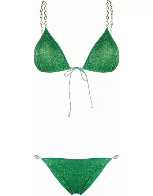 Green lurex bikini set with chain detai