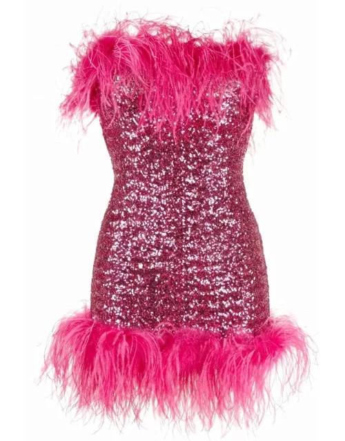 Fuchsia strapless dress with sequins and feather