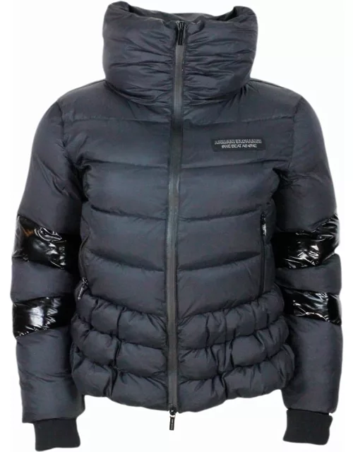 Armani Collezioni Slim Model Real Goose Down Jacket With Elasticated Bottom And Logo On The Chest Embellished With A Lacquered Motif.