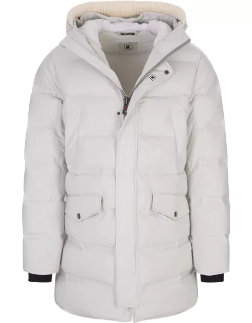 Kired White Quilted Midi Down Jacket With Ribbed Knitted Insert