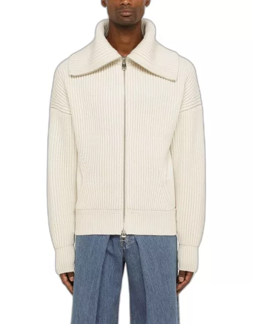 Ivory ribbed cardigan in wool and cashmere
