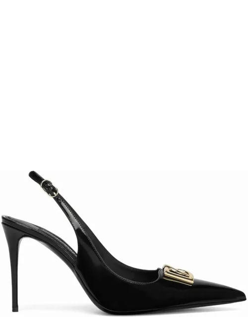 Glossy black slingback pumps with gold logo