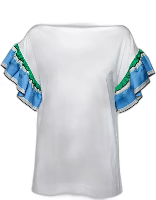 Emilio Pucci White Cotton Knit Contrast Ruffle Sleeve T-Shirt