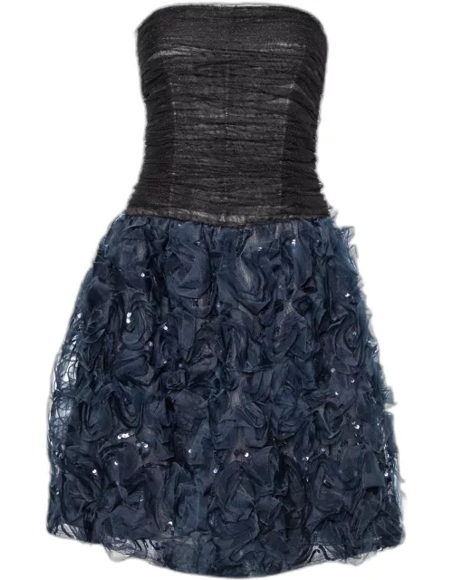 Oscar de la Renta Black Tulle & Floral Silk Sequin Embellished Mini Dress