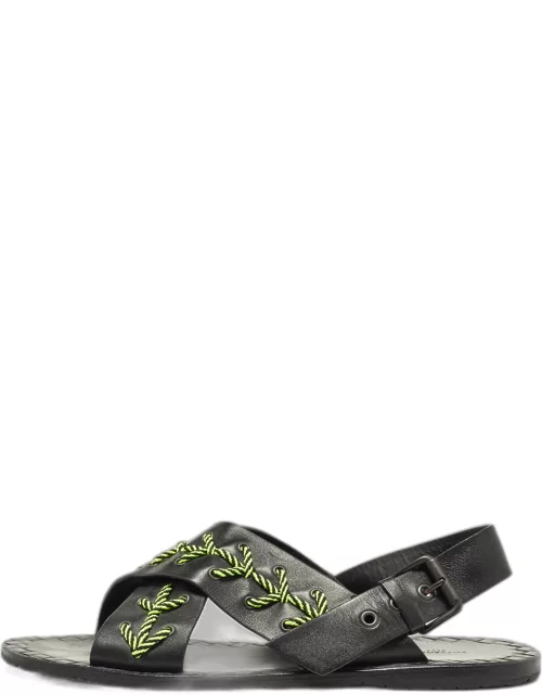 Bottega Veneta Black/Green Leather Criss Cross Flat Sandal