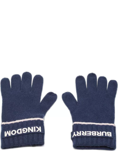 Burberry Navy Blue Cashmere Logo Patch Detail Gloves S/