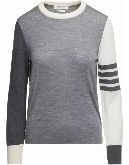 Thom Browne Fun Mix Relaxed Fit Crew Neck Pullover In Fine Merino Wool W/ 4 Bar Stripe