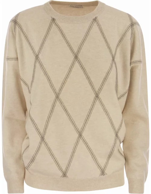 Brunello Cucinelli Crewneck Sweater In Fine Wool, Cashmere And Silk With Diamond Pattern