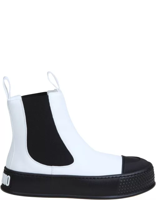 Moschino Ankle Boot In Black And White Vegan Leather