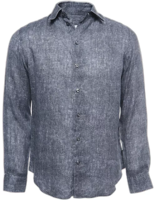 Armani Collezioni Grey Striped Cotton Button Front Full Sleeve Shirt