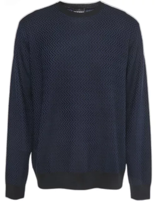 Emporio Armani Navy Blue/Black Patterned Wool Knit Crew Neck Sweater