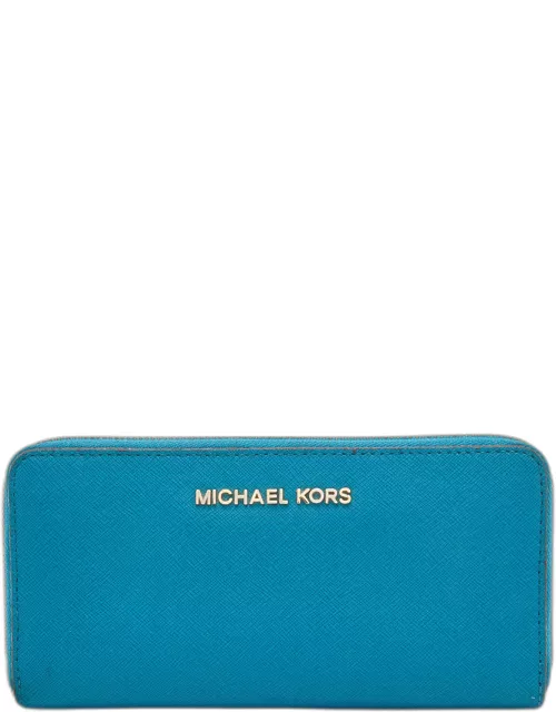 Michael Kors Blue Leather Jet Set Zip Around Wallet