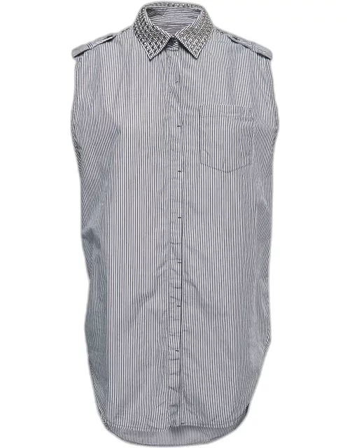 Pierre Balmain Blue Striped Cotton Studded Detail Button Front Sleeveless Shirt