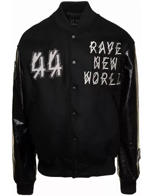 44 Label Group Black Varsity Jacket With Faux Leather Sleeves And Logo Patch Man