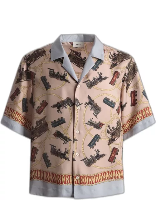 Men's Train-Print Silk Camp Shirt