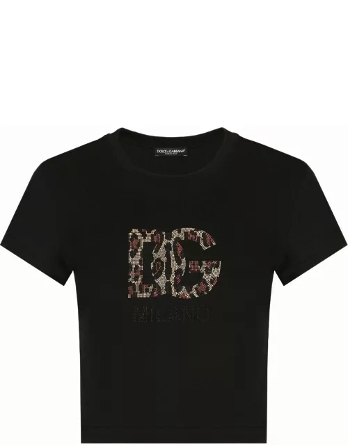 Black crop T-shirt with appliqué