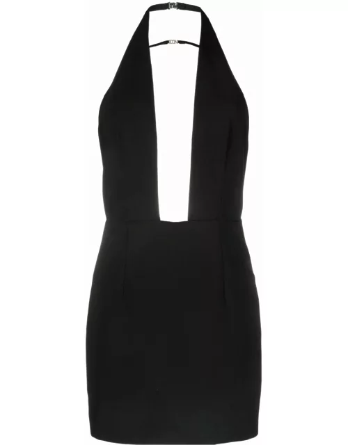 Short black open back dress with half-moon collar