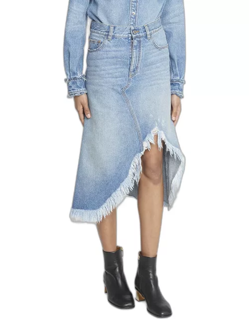Frayed Side-Slit Recycled Denim Midi Skirt