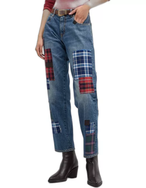 Jill Straight-Leg Jeans with Plaid Patche