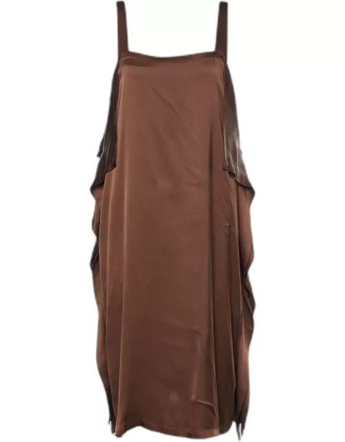 Bottega Veneta Brown Silk Satin Ruffle Detail Mini Dress