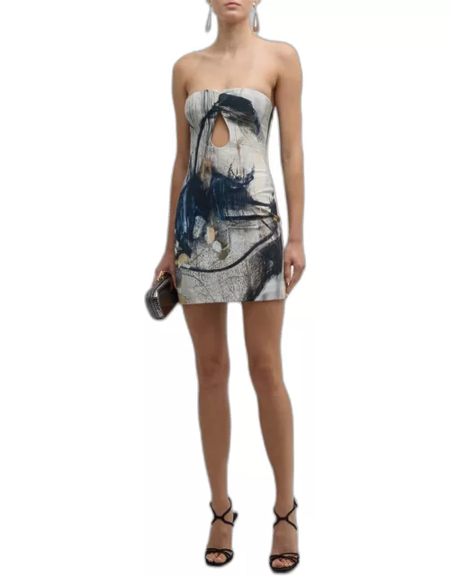Abstract-Print Double-Crepe Strapless Bustier Mini Dres