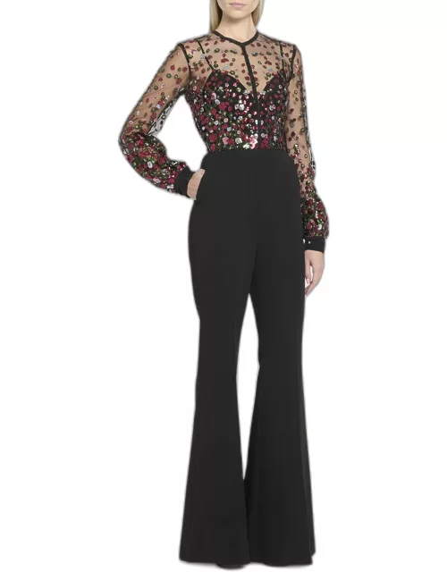 Sequin Embroidered Long-Sleeve Flare-Leg Jumpsuit