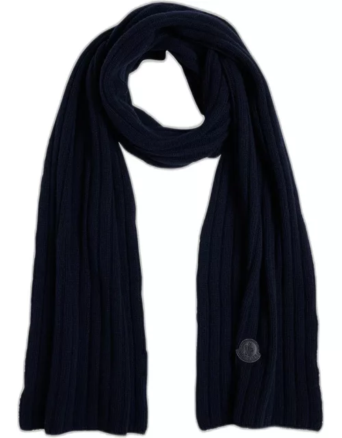 Wool English Rib Scarf with Leather Logo Patch