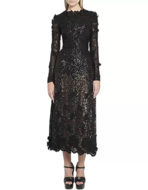 Embroidered Sequins Midi Dress with Floral Applique Detail