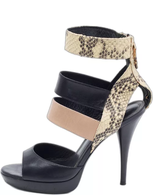 Fendi Tricolor Leather and Python Embossed Ankle Strap Platform Sandal