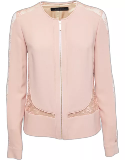 Elie Saab Dusty Pink Crepe Lace Trimmed Zip Front Full Sleeve Top