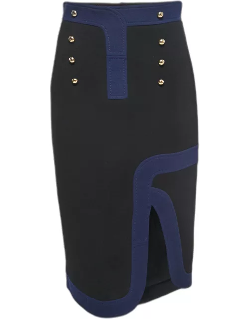 Peter Pilotto Black/Navy Blue Wool Button Detail Slit Midi Skirt