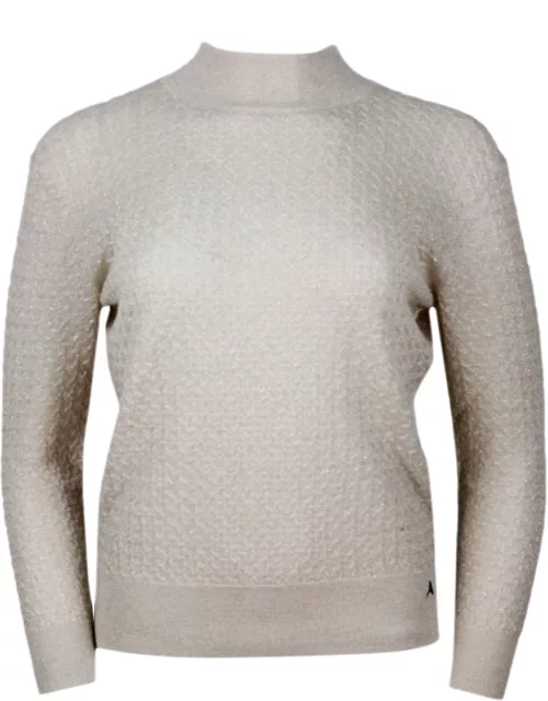 Armani Collezioni Lightweight Long-sleeved Turtleneck Sweater With Canestrello Pattern Embellished With Lurex Thread