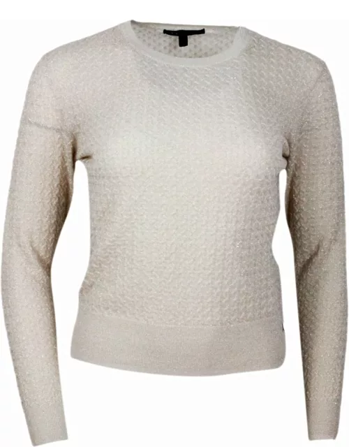 Armani Collezioni Light Crew-neck Long-sleeved Sweater With Canestrello Workmanship Embellished With Lurex Thread