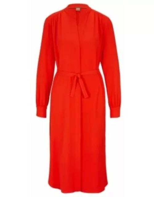 Belted dress with collarless V neckline and button cuffs- Orange Women's Business Dresse