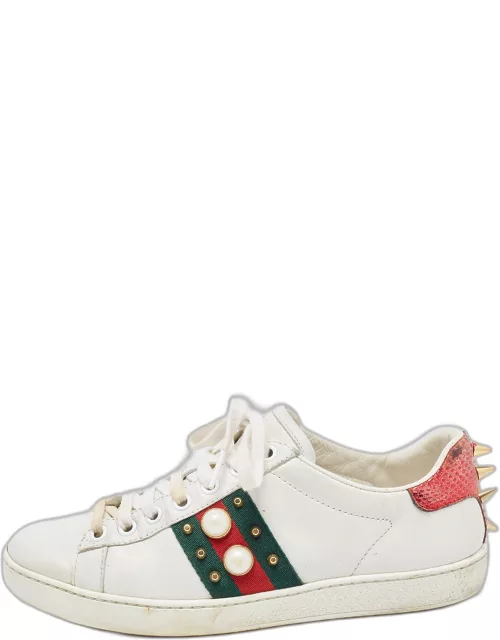 Gucci White Leather Faux Pearl Embellished Ace Low Top Sneaker