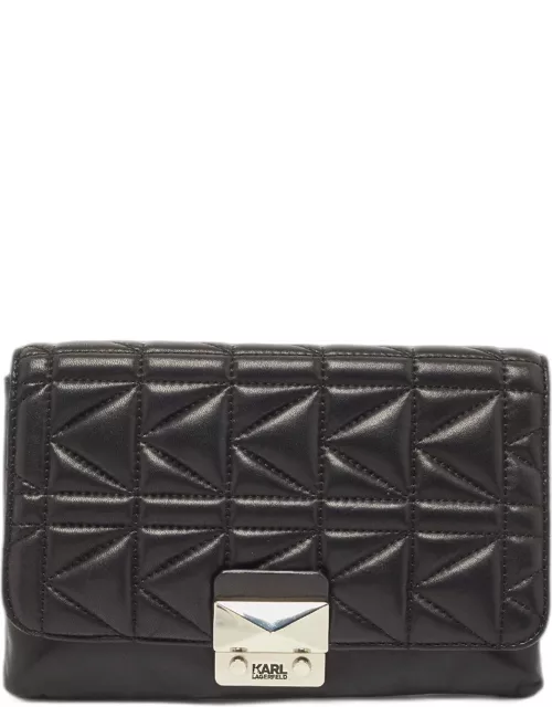 Karl Lagerfeld Black Quilted Leather Pushlock Flap Clutch