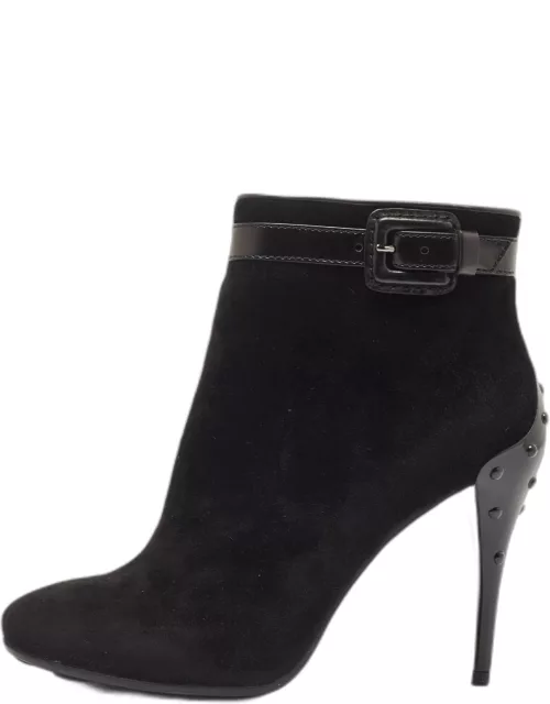 Tod's Black Suede and Leather Buckle Detail Ankle Bootie