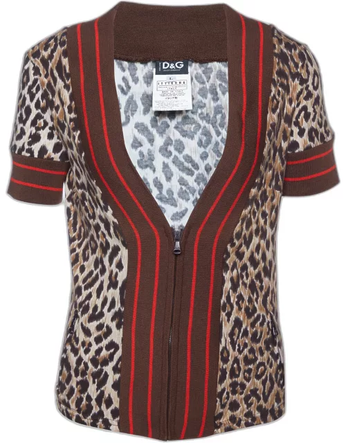 D & G Brown leopard Printed Cotton Knit V-Neck Crop Jacket