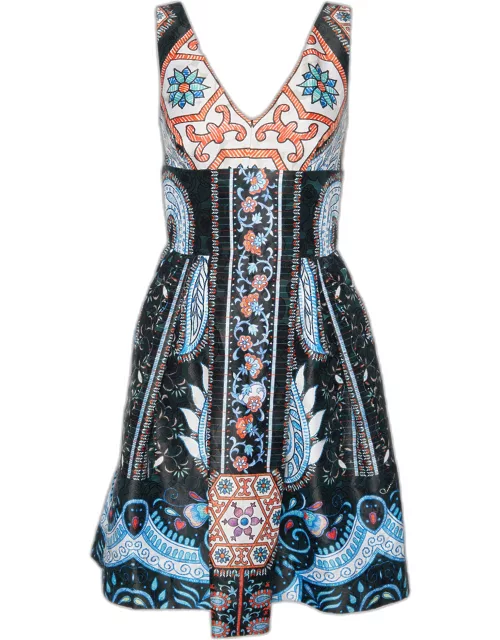 Cavalli Class Multicolor Printed Jacquard V Neck Mini Dress