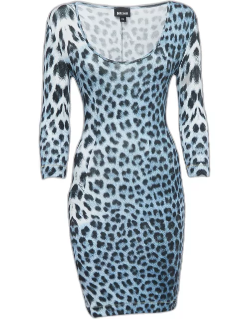 Just Cavalli Blue Leopard Print Knit Long Sleeve Mini Dress