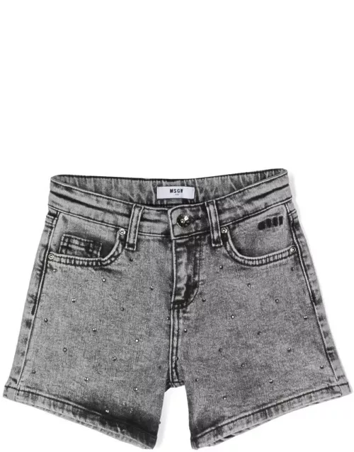 MSGM Grey Denim Shorts With Rhinestone