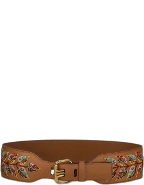 Etro Embroidered Brown Leather Belt