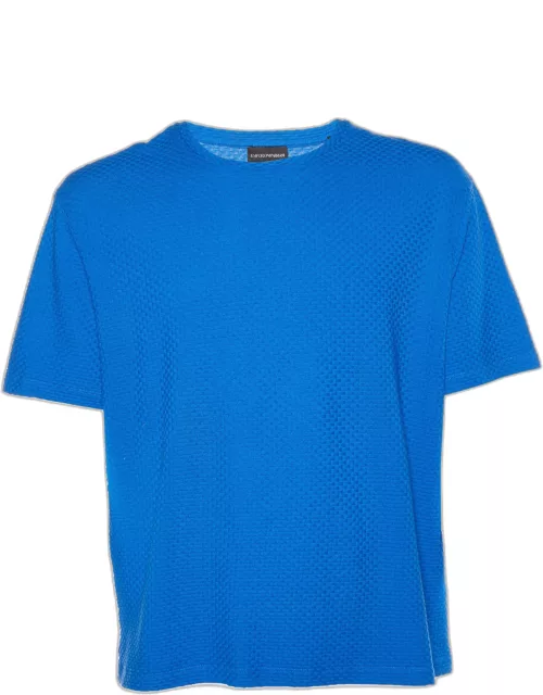Emporio Armani Blue Basket Weave Pattern Cototn Knit T-Shirt