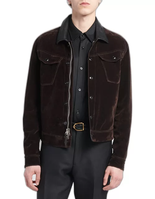 Men's Flocked Denim Western Jacket with Leather Collar