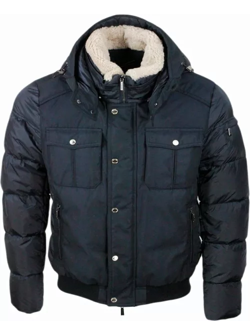 Moorer Bomber Jacket Padded With Goose Feathers With Removable Hood And Collar In Curly Sheepskin, Front And Shoulders In Material, Closure With Zip And Butt