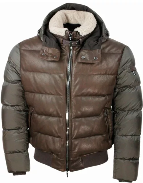 Moorer Bi-material Jacket Padded With Real Goose Down With Hood. Detachable Sheepskin Collar And Soft Deerskin Front