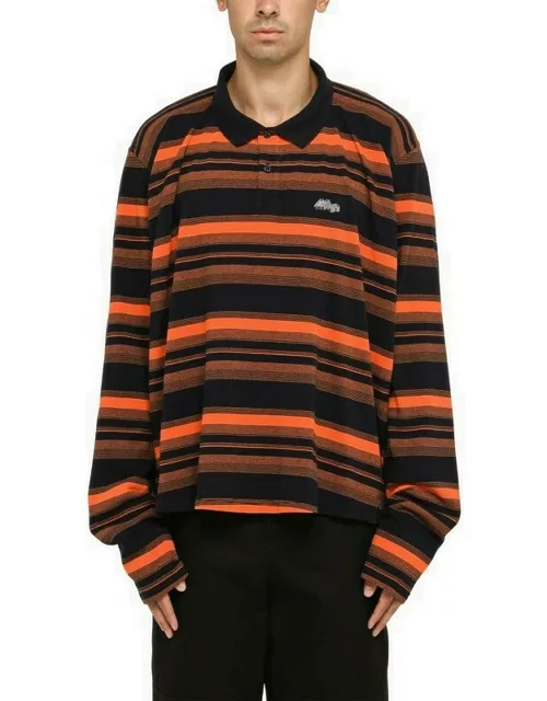 Orange/navy striped long-sleeved polo shirt